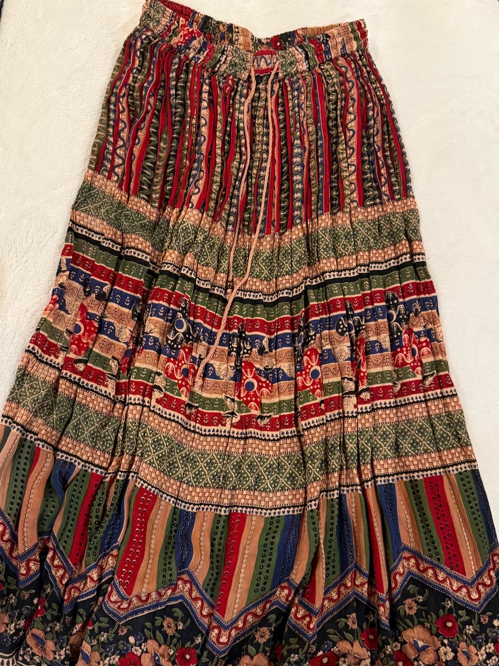 Bohemian Floral Tiered Maxi Skirt - Red, Green & Navy